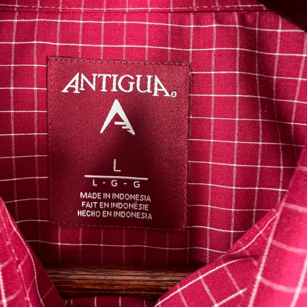 Antigua Esteem Mens Red White Grid Check Button Down Shirt Large NWT